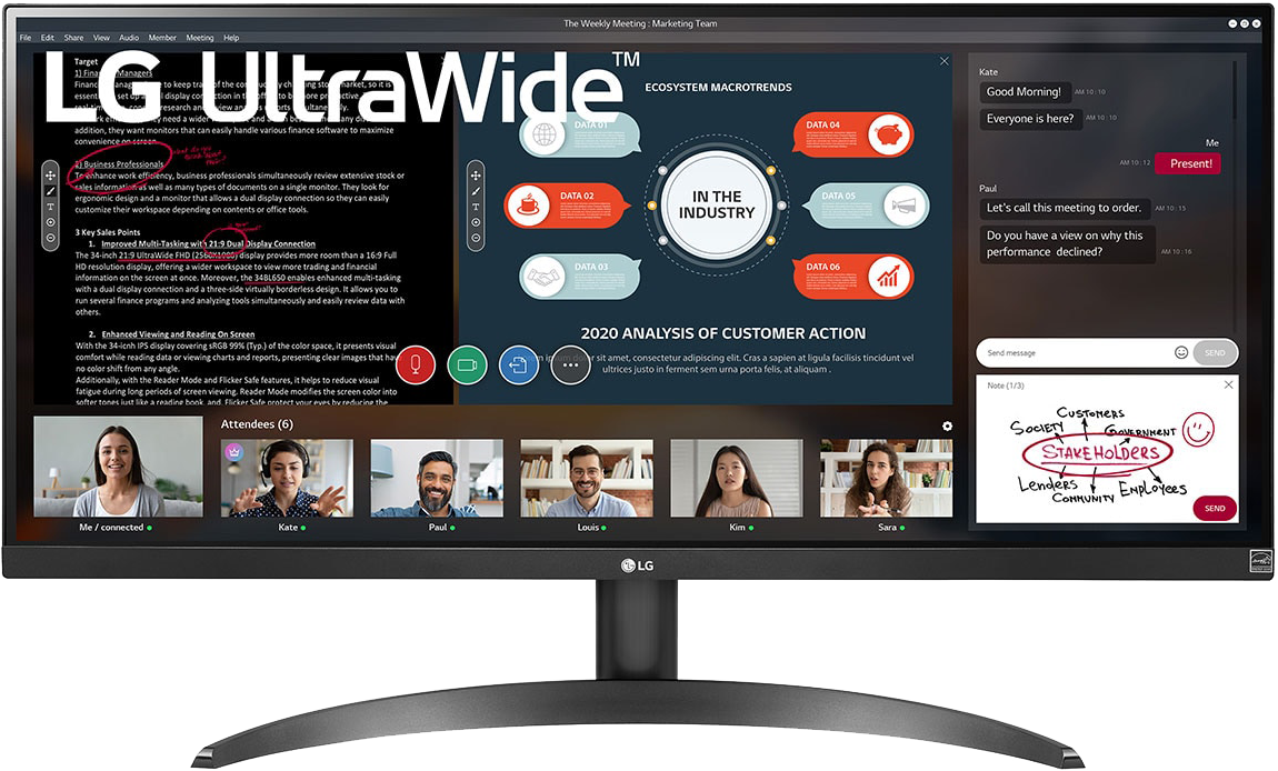 Un moniteur LG Ultrawide affichant une réunion d'affaires avec des membres de l'équipe.