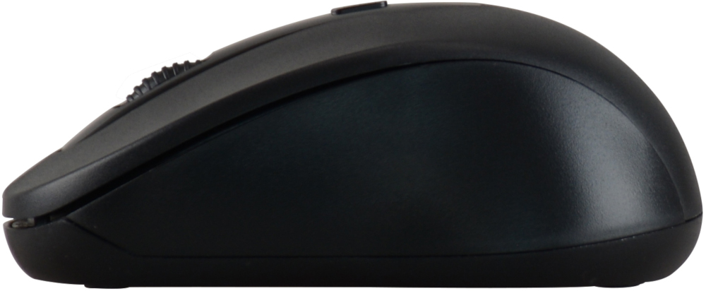 Une souris d'ordinateur noire, vue latérale, avec molette de défilement et boutons.