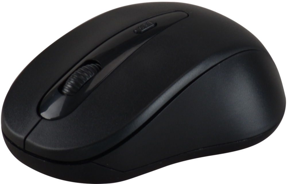 Souris d'ordinateur noire avec molette et boutons. Fond blanc.