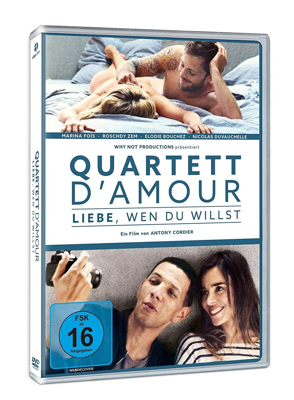 DVD-Cover von 'Quartett D'amour', ein Film mit einem Paar im Bett und einem anderen Paar mit Kamera.