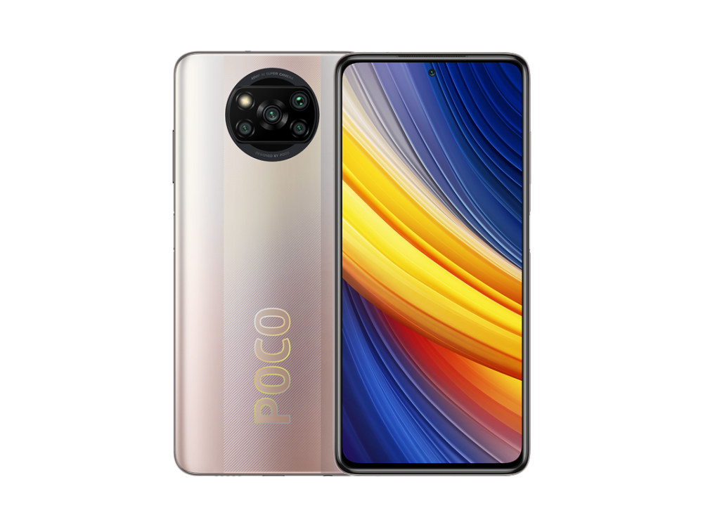 Smartphone rosa y dorado con cámara y etiqueta POCO.