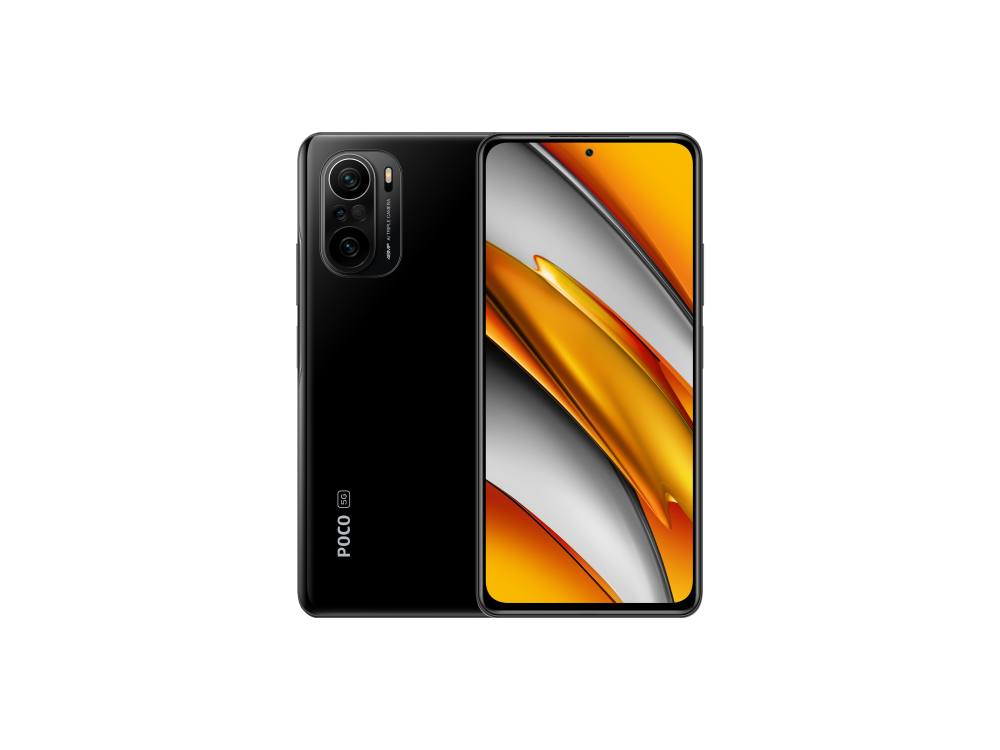 Un smartphone negro, vista trasera mostrando cámaras y el logo 'POCO 5G', sobre fondo negro.