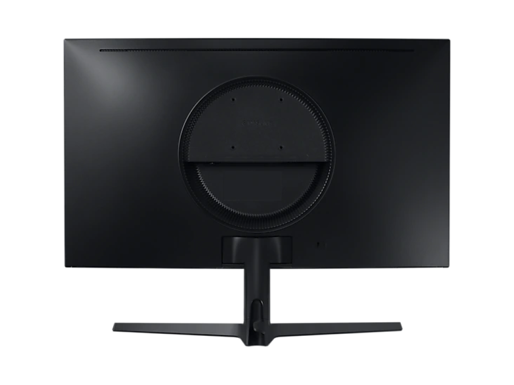 La parte trasera de un monitor negro. Un soporte y varias conexiones son visibles.