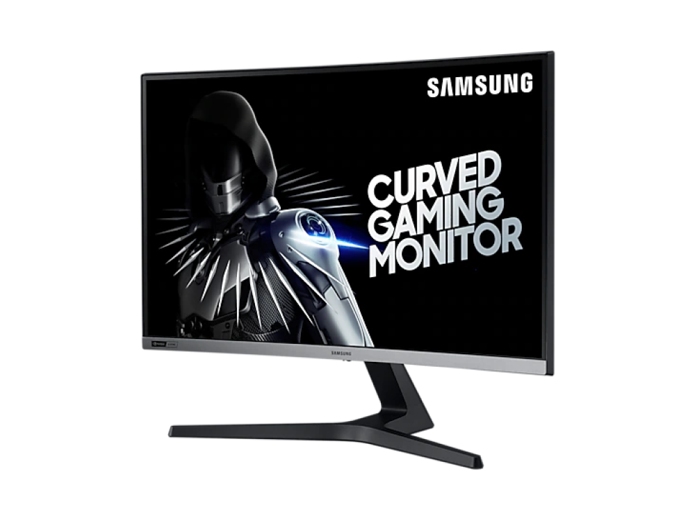 Monitor curvo para juegos negro, marca Samsung, con arte de jugador.