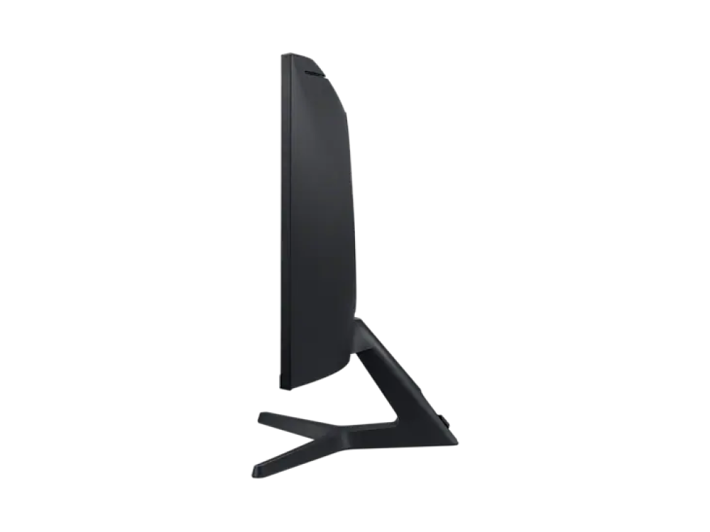 Una vista lateral de un monitor de computadora negro con un diseño elegante sobre un fondo negro.
