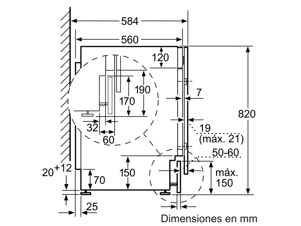 Dibujo técnico con dimensiones en mm, mostrando un armario y sus componentes internos.