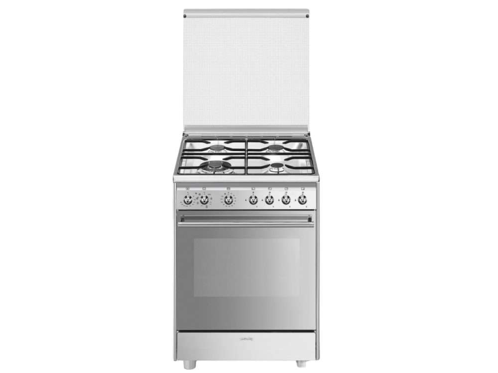 Cocina - Smeg CX68MDS8, 2700W, 60cm ancho, 4 Zonas, Acero inoxidable+Horno eléctrico, Gas natural, 63l, Plata