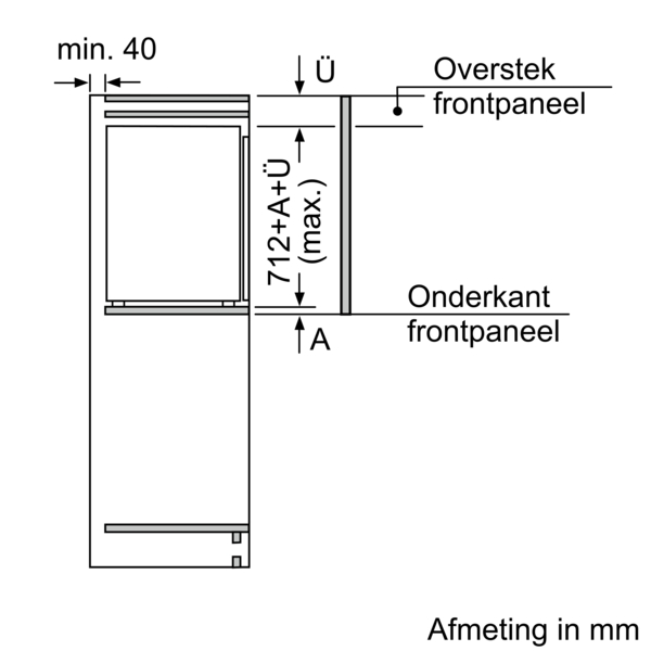 Een diagram met metingen en afmetingen voor een kast, met de woorden 'Afmeting in mm'.