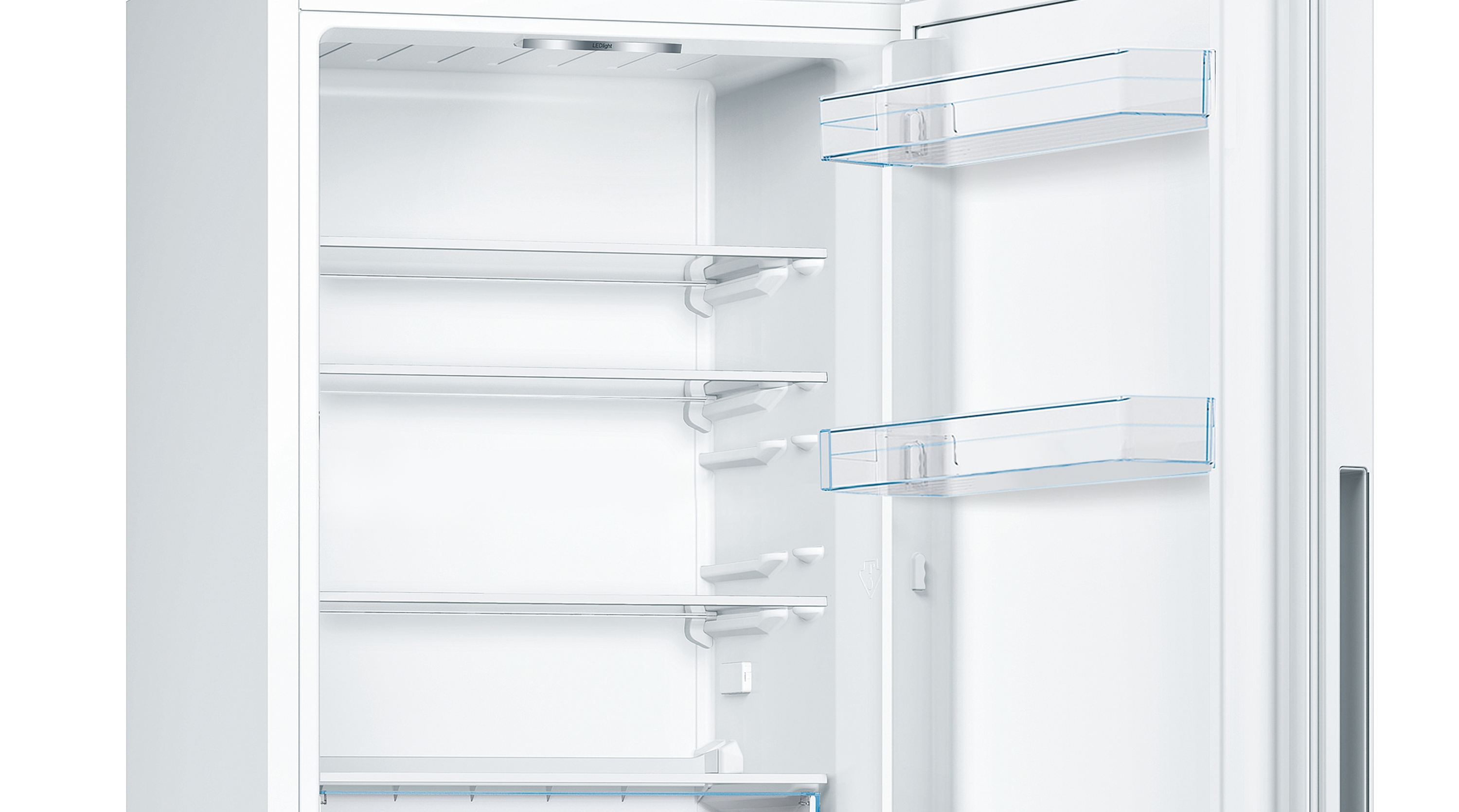 Open white refrigerator, showing shelves and compartments, isolated on white.