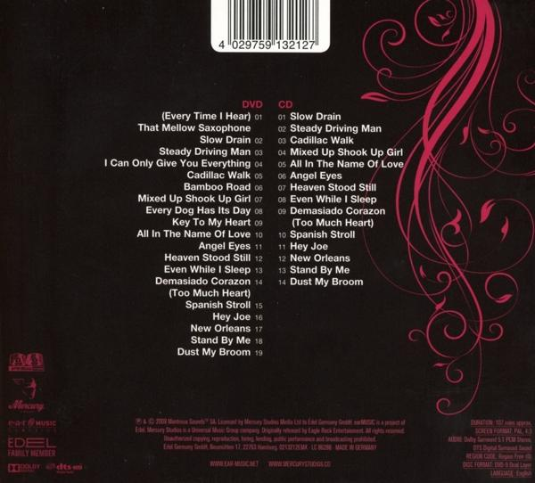 CD-Cover mit Titelliste, Text und einer Frauensilhouette mit rosa Akzenten, DVD und CD.