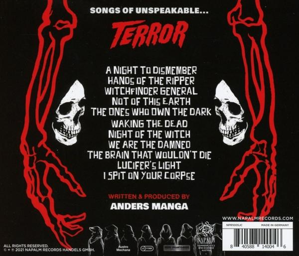 Albumcover der Band Terror. Es zeigt zwei Totenköpfe und eine Skeletthand auf rotem Hintergrund.