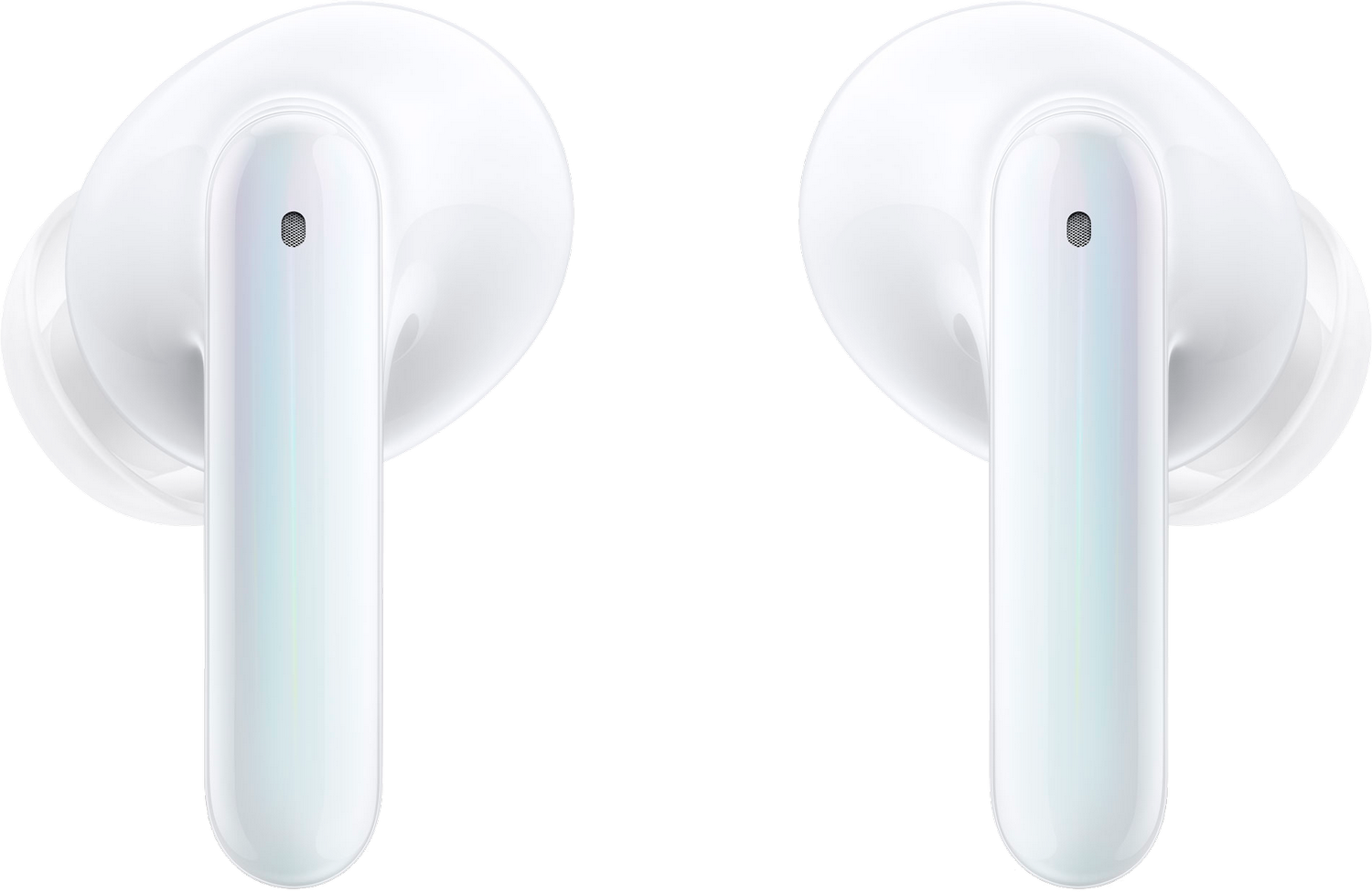 Dos auriculares blancos, primer plano, con fondo negro.