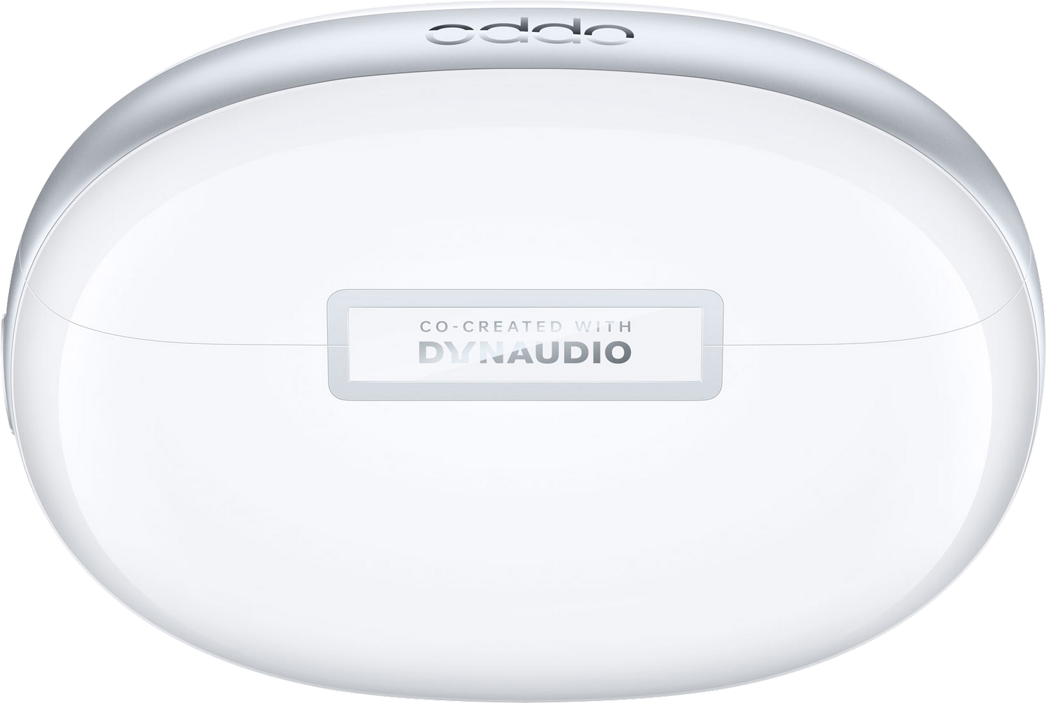 Auriculares OPPO blancos en un estuche, cocreados con Dynaudio, fondo blanco.