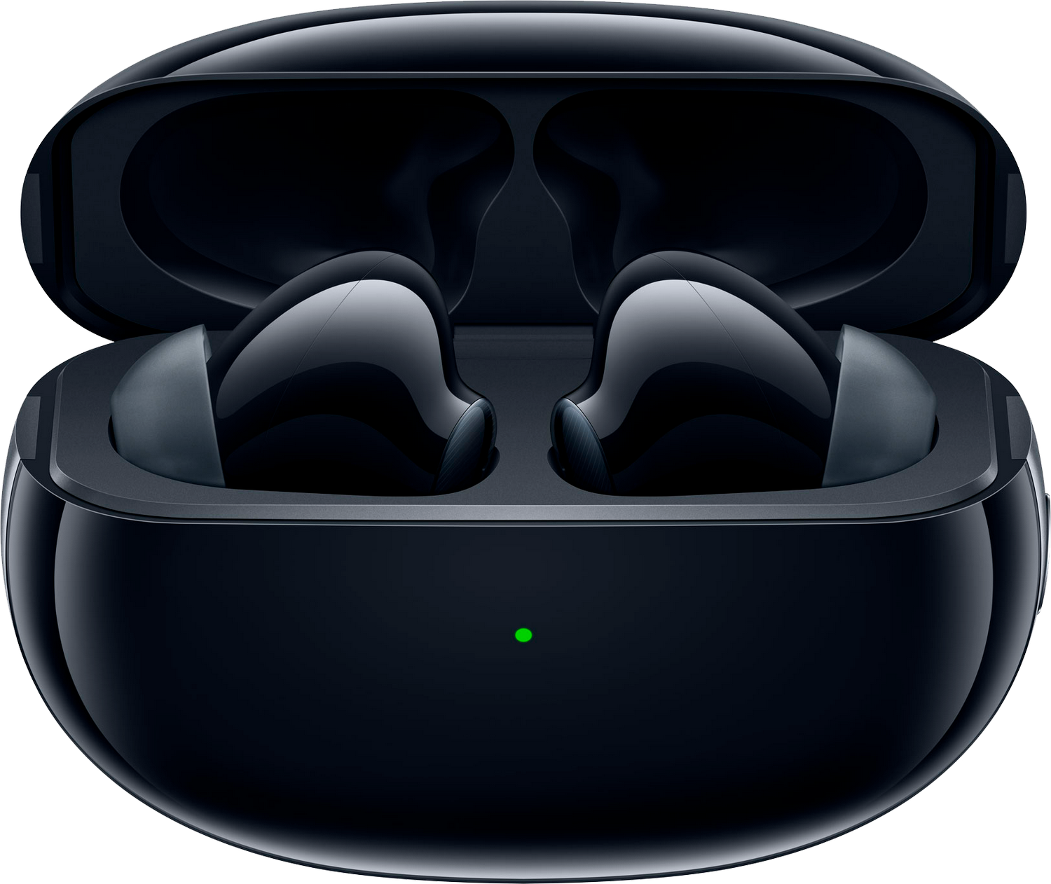 Auriculares negros en un estuche de carga negro y abierto. Una luz verde está encendida.