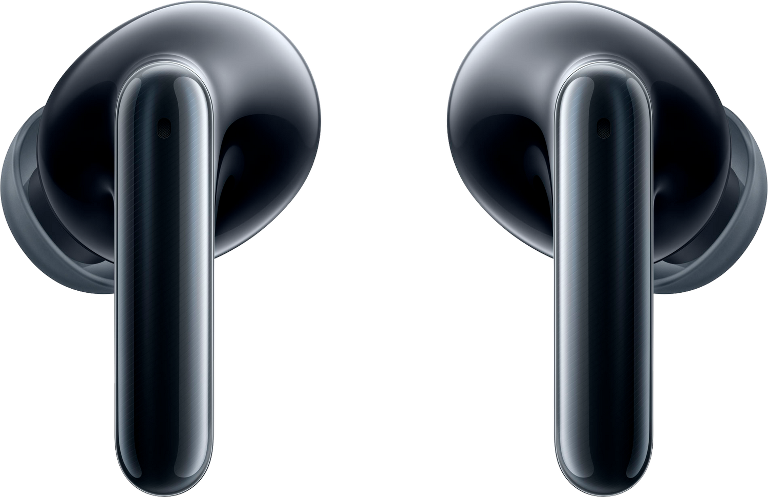 Dos auriculares inalámbricos negros con acabado brillante sobre fondo gris. Cada uno tiene un tallo largo y un auricular redondeado.