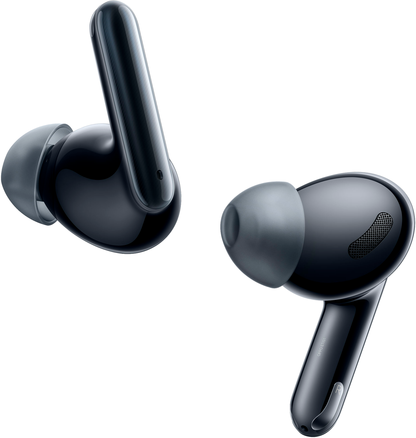 Dos auriculares inalámbricos negros. Uno inclinado hacia arriba, el otro hacia abajo, ambos con puntas grises, sobre fondo gris.