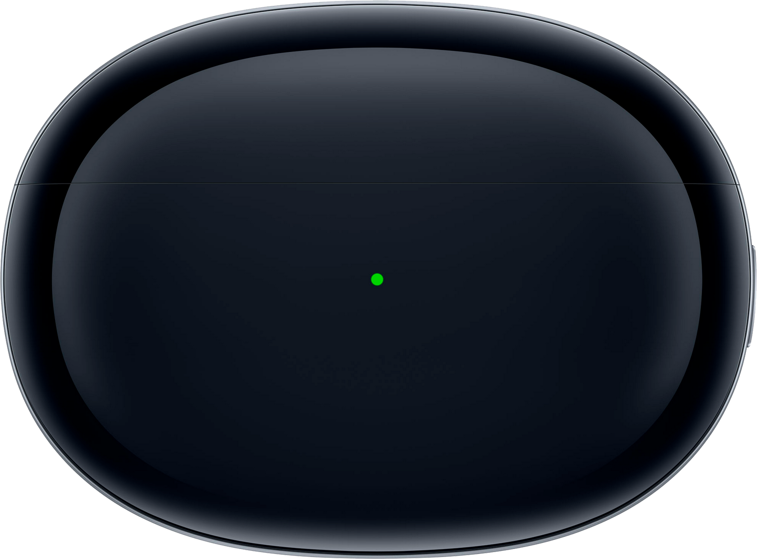 Un primer plano de un estuche de carga de auriculares inalámbricos negros con una luz indicadora verde.