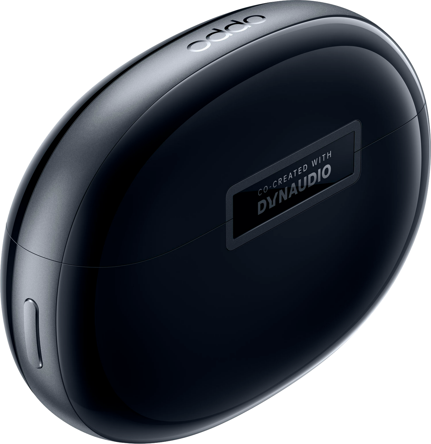 Un estuche de carga negro y redondeado para auriculares con el logo 'OPPO'.