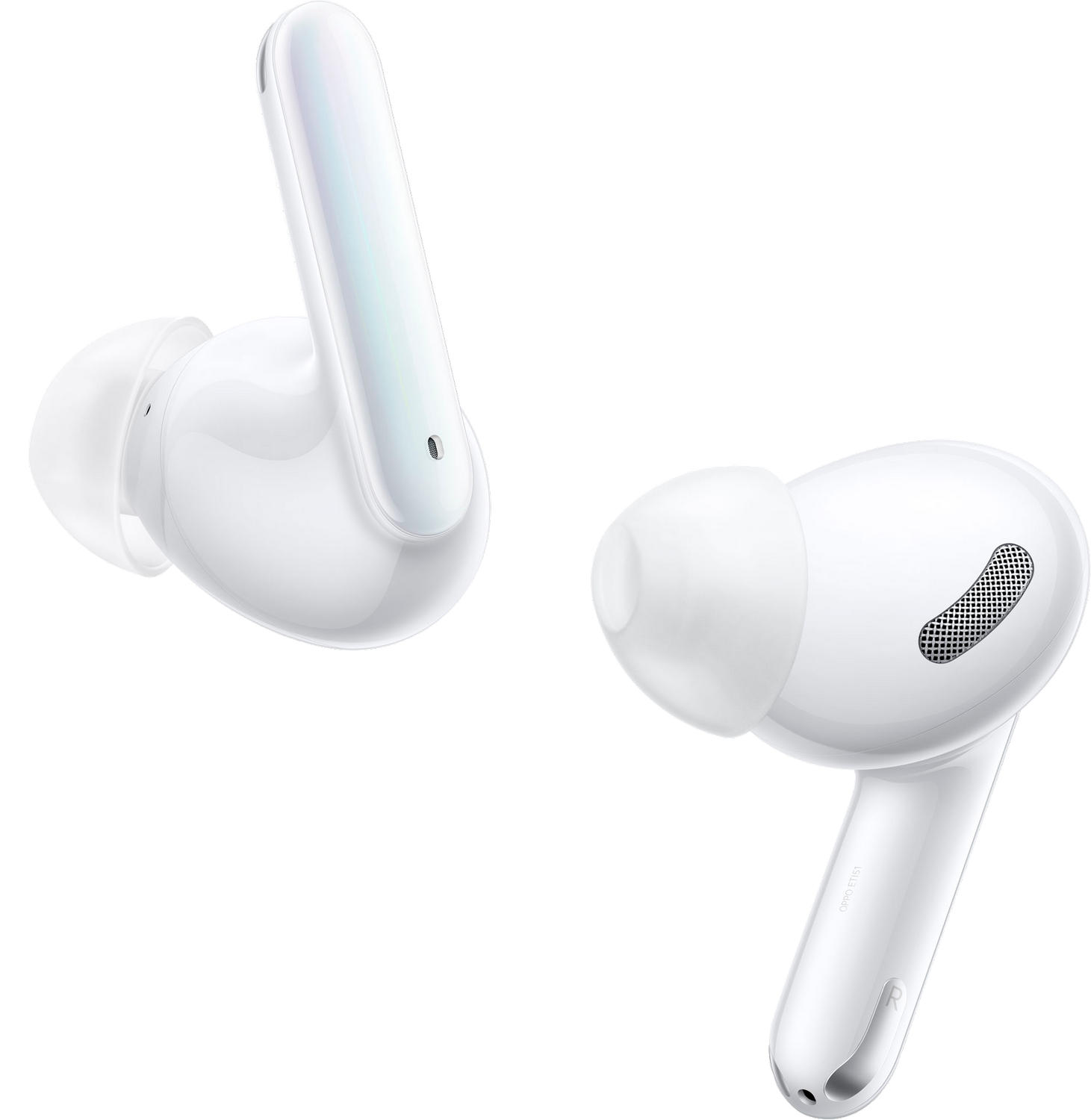Dos auriculares inalámbricos Oppo blancos con un diseño elegante y moderno.