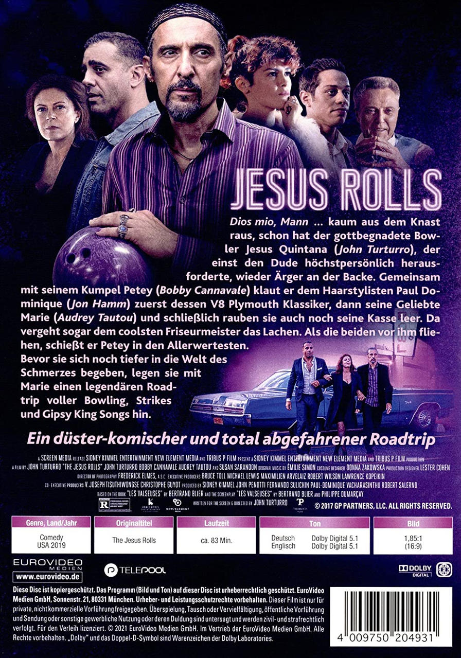 Filmcover für 'Jesus Rolls' mit mehreren Schauspielern und einem Auto.