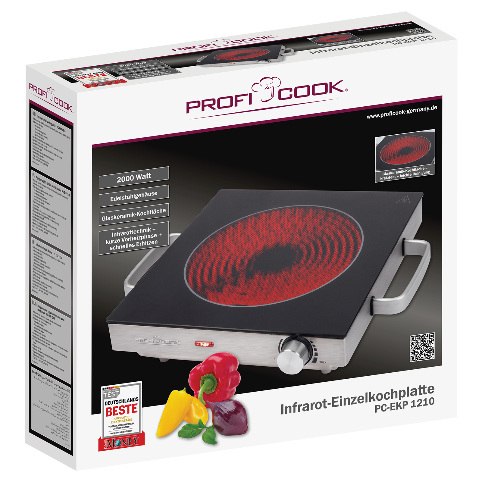 Ein schwarzes und silbernes Profi Cook Einzelkochfeld mit rotem Heizelement und eine Box mit Lebensmittelbildern.