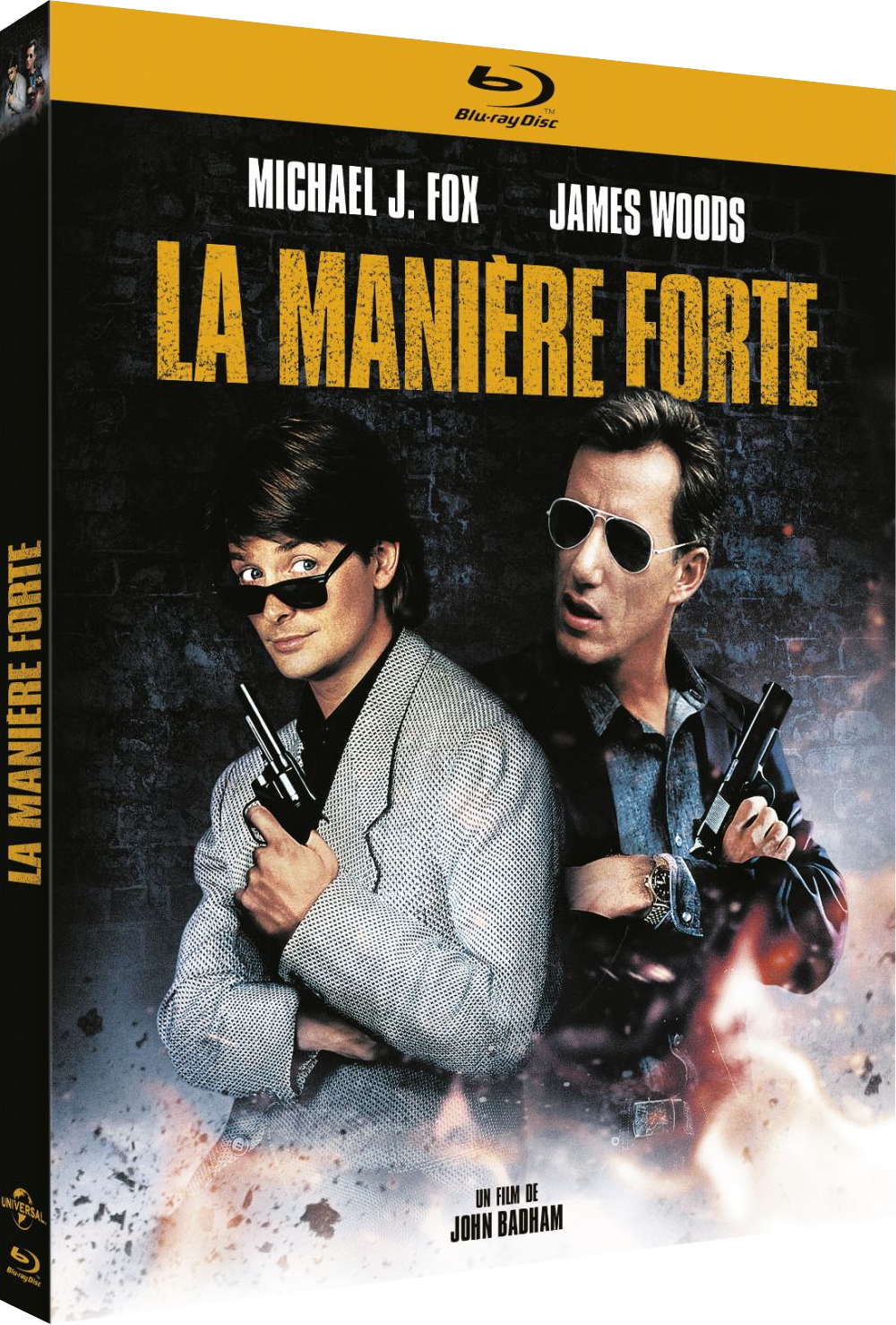 Couverture de film avec Michael J. Fox, James Woods et le titre français La Maniere Forte.