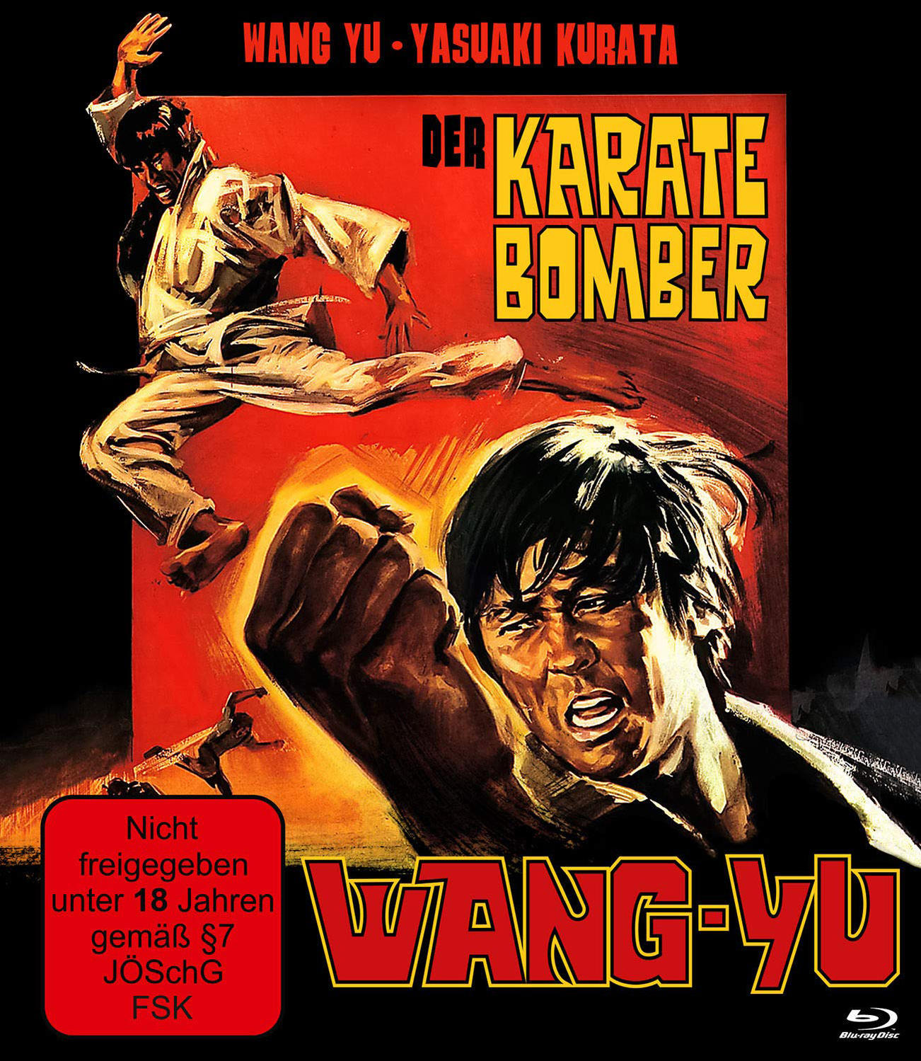DVD-Cover von 'Der Karate Bomber'. Ein Mann tritt einen anderen. Zwei Männer kämpfen. Roter Hintergrund.