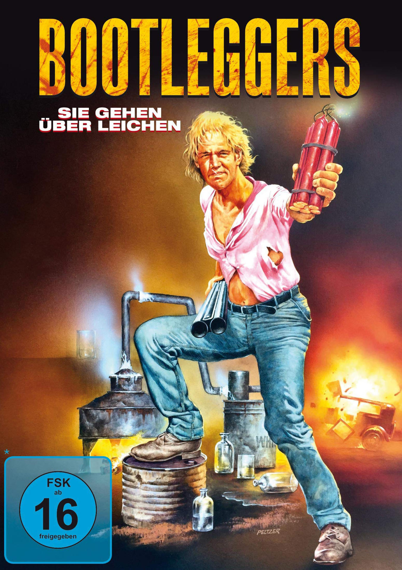 Bootleggers DVD-Cover. Ein Mann hält Dynamit. Er steht an einer Brennerei. Eine Bewertung ist sichtbar.