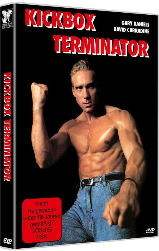 DVD-Cover: Film 'Kickbox Terminator'. Mann ohne Hemd mit Jeans. Schwarzer Hintergrund, deutscher Text.