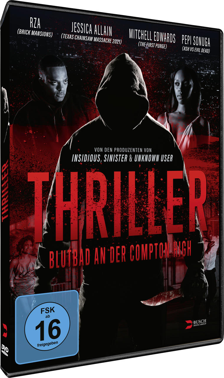 DVD-Cover für den Film 'Thriller' mit mehreren Schauspielern und einer Person mit einem Messer.