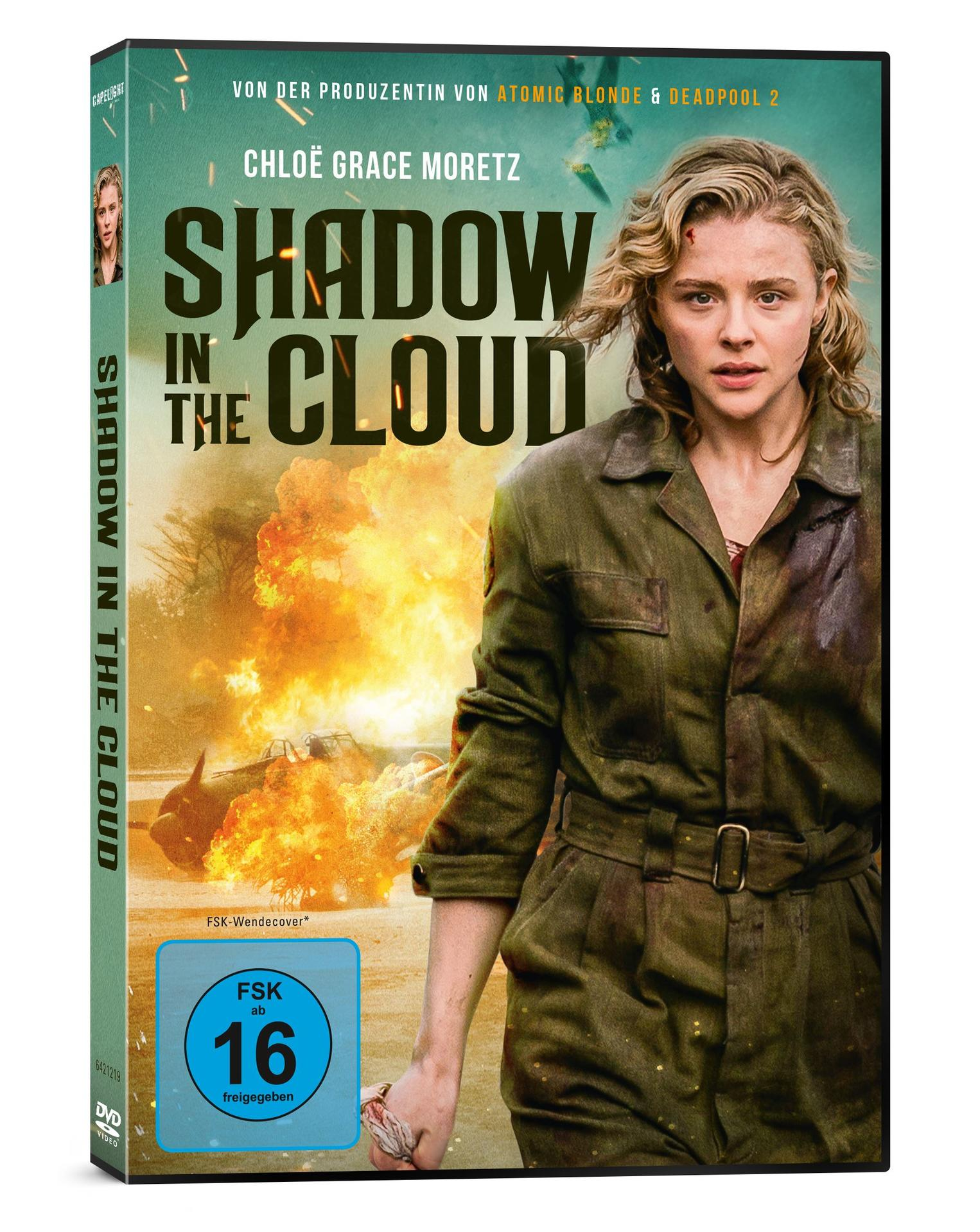 DVD-Cover: Film 'Shadow in the Cloud' mit Chloe Grace Moretz. Dunkelgrüner Hintergrund, deutscher Text.
