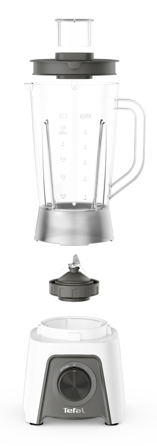 Egy Tefal turmixgép robbantott ábrája. Tartalmaz egy átlátszó kancsót, pengéket és egy fehér alapot tárcsával.