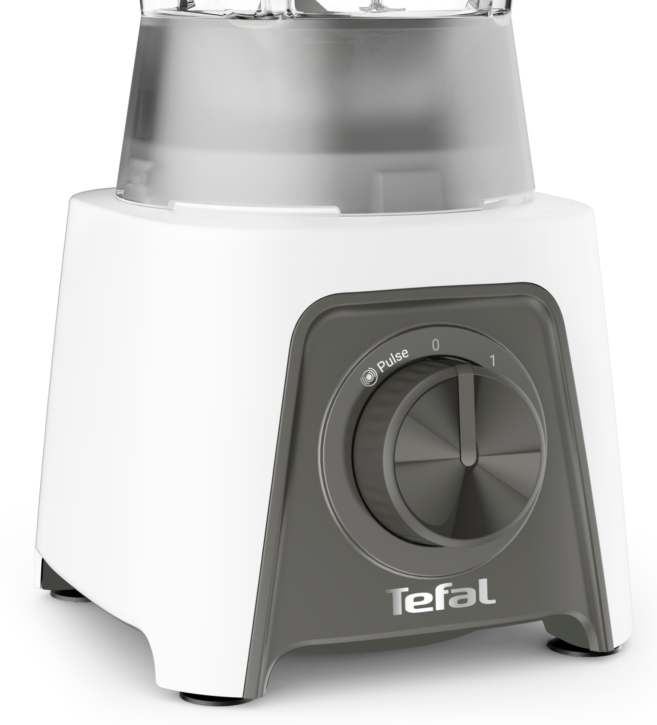 Fehér és szürke Tefal konyhai robotgép. Egy tárcsája van, impulzus, 0 és 1 beállításokkal. Átlátszó műanyag tető.