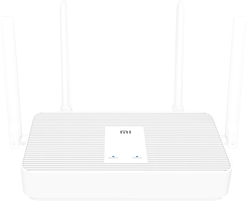 Egy fehér router négy antennával. Van rajta az 'MI' logó és két kék jelzőfény. A felső felületén vízszintes vonalak vannak.