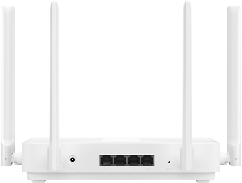 Fehér router, négy antennával. Hátul négy port, reset gomb, és egy tápbemenet látható.