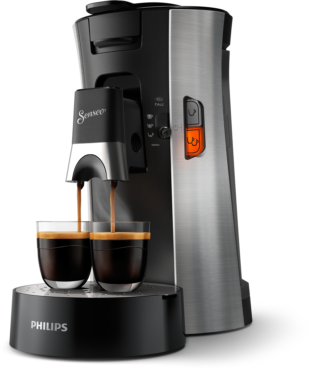 Coffee machine dispensing coffee into two glass cups, with a black base and silver body.