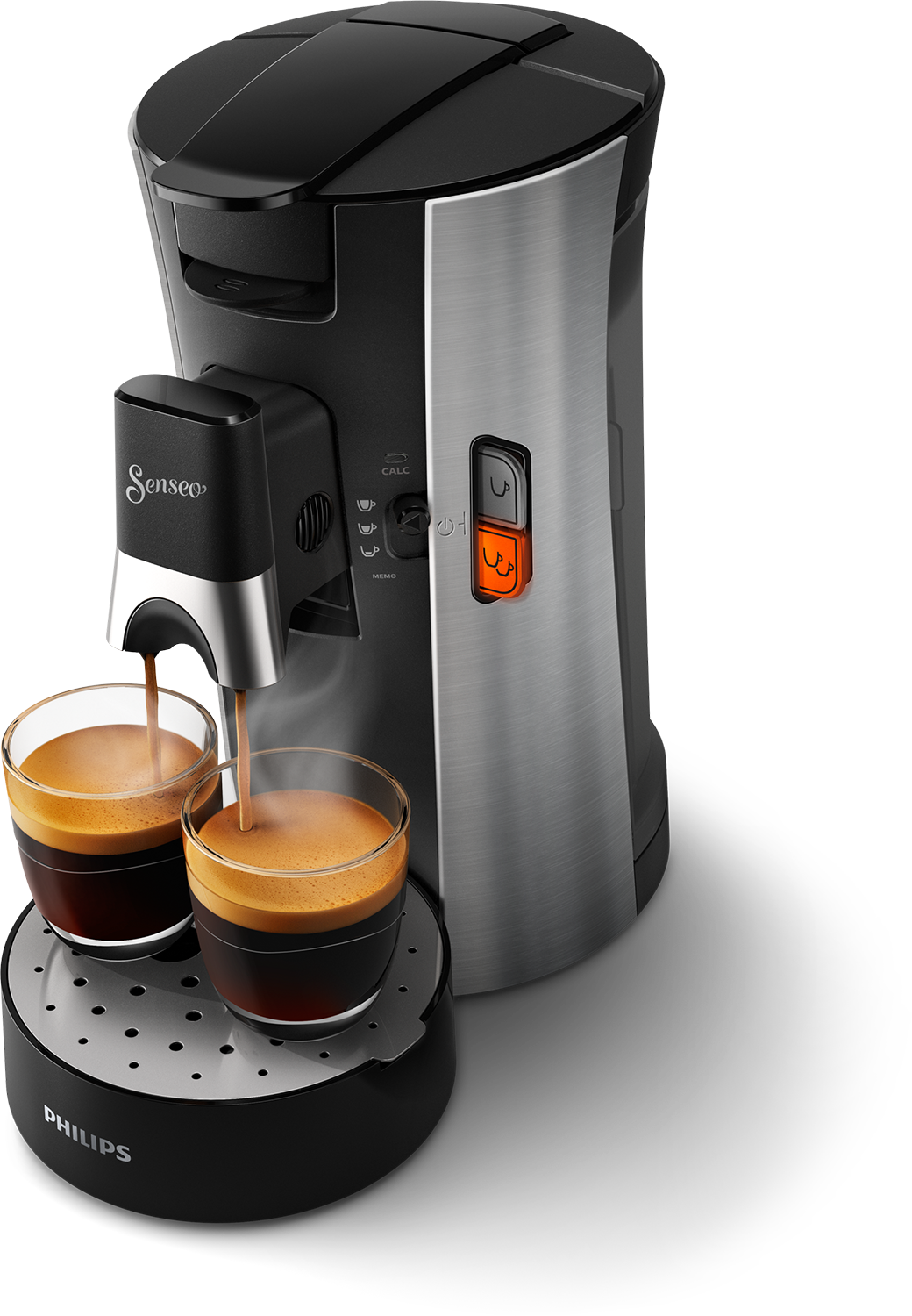 Philips Senseo coffee machine brewing coffee into two glass cups.
