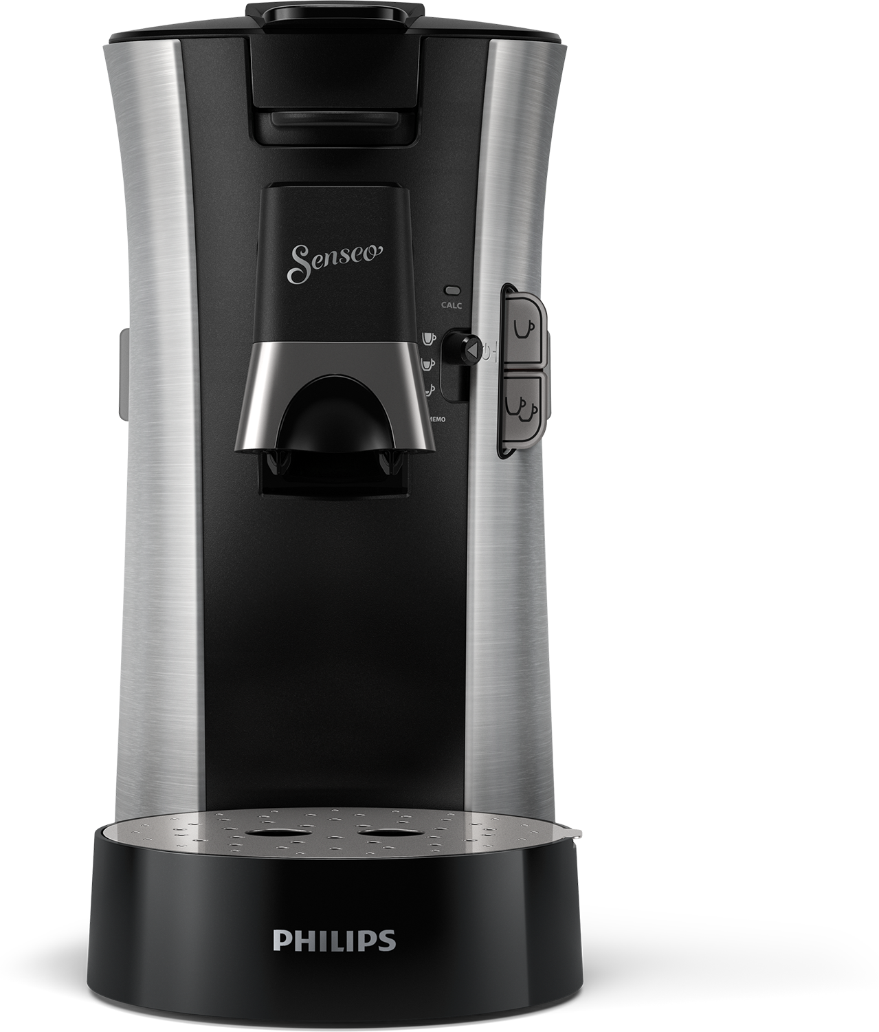 Black and silver Senseo coffee machine with a cup holder and a dial.