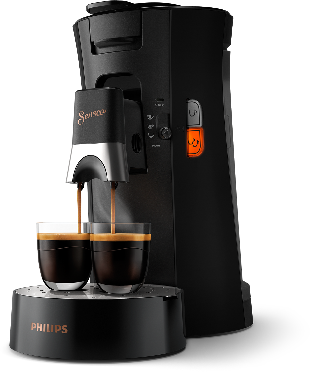 Een zwarte en koperkleurige Philips Senseo-koffiemachine zet koffie.
