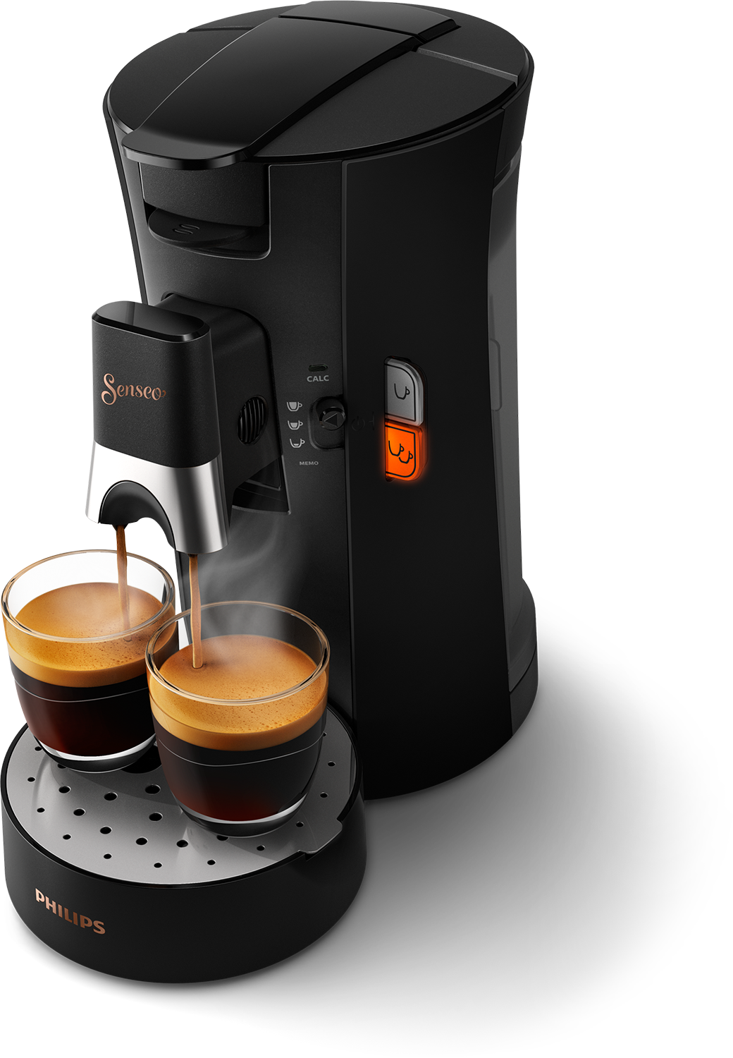 Zwarte Philips Senseo koffiemachine, twee kopjes vullen zich met koffie. Zwarte achtergrond.