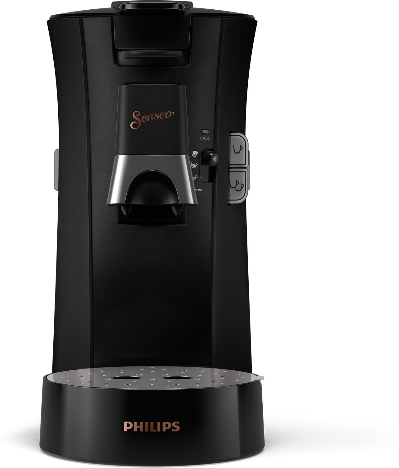 Een zwarte Philips Senseo koffiemachine met het Philips logo.