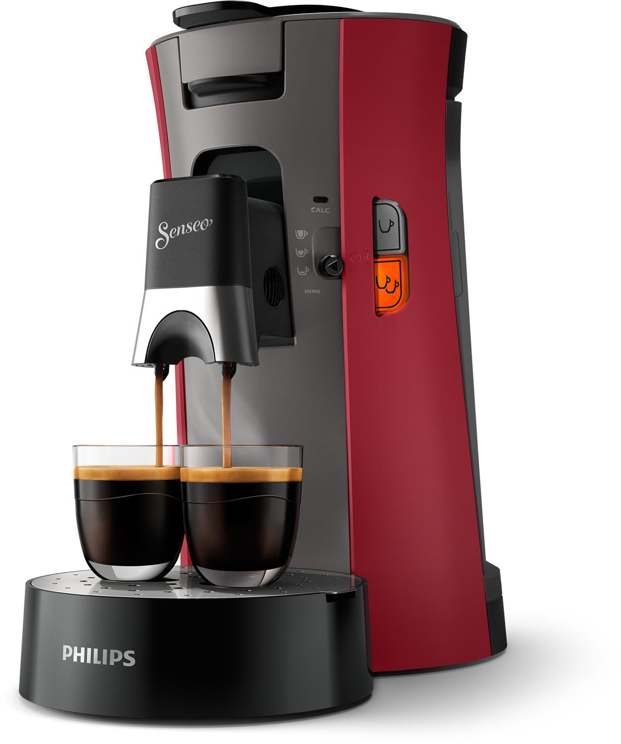 Coffee machine, red and gray, with two cups being filled. Philips logo.