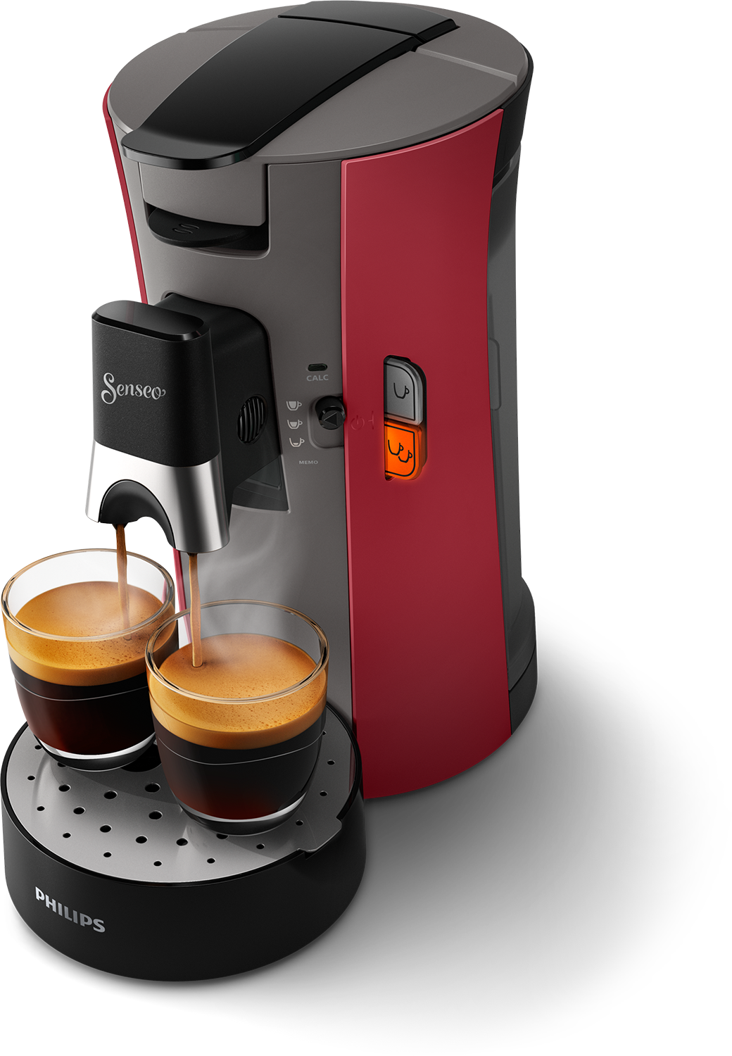 Red and grey Senseo coffee machine, coffee pouring into two glasses on a black tray.