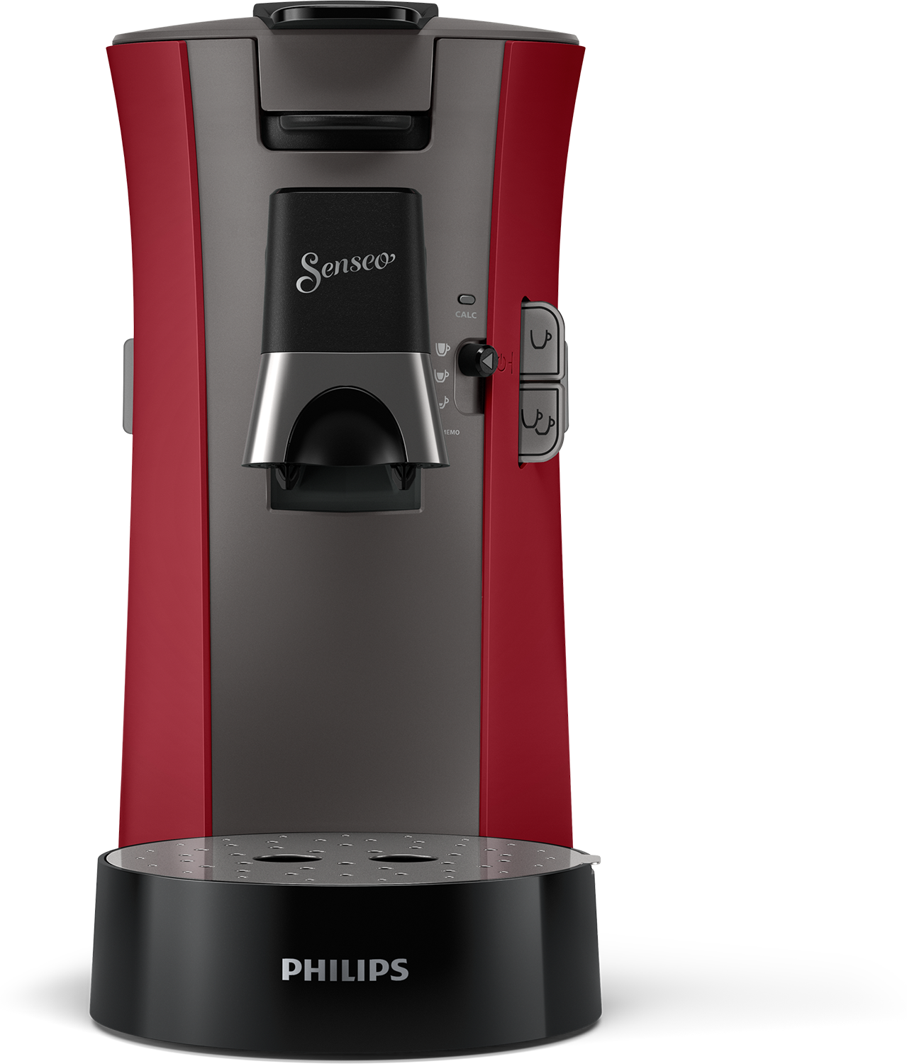 A red and gray coffee machine with black base, and the brand "PHILIPS" at the bottom.