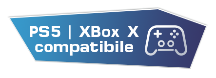 Gaming compatible logo, blue background, controller graphic.