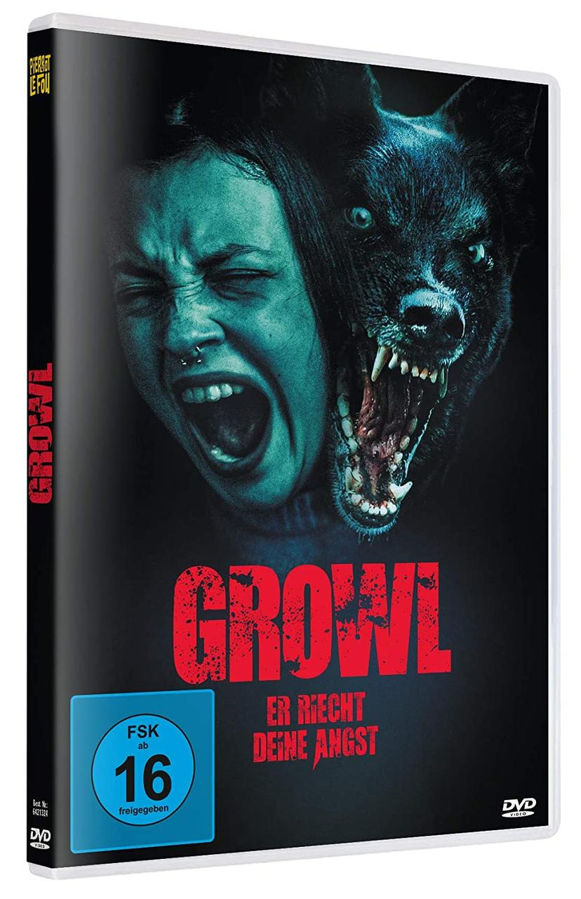 DVD-Hülle mit einem Filmplakat, das eine schreiende Frau und einen knurrenden Hund zeigt.