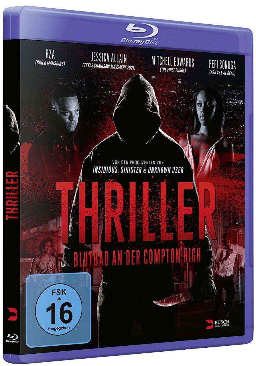 Thriller Blu-ray-Hülle mit rotem und schwarzem Filmplakat.