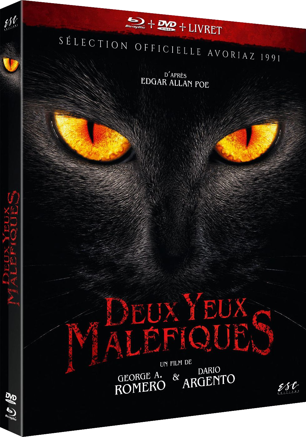 Chat noir aux yeux orange vif sur une jaquette DVD. Titre en français : Deux Yeux Maléfiques.