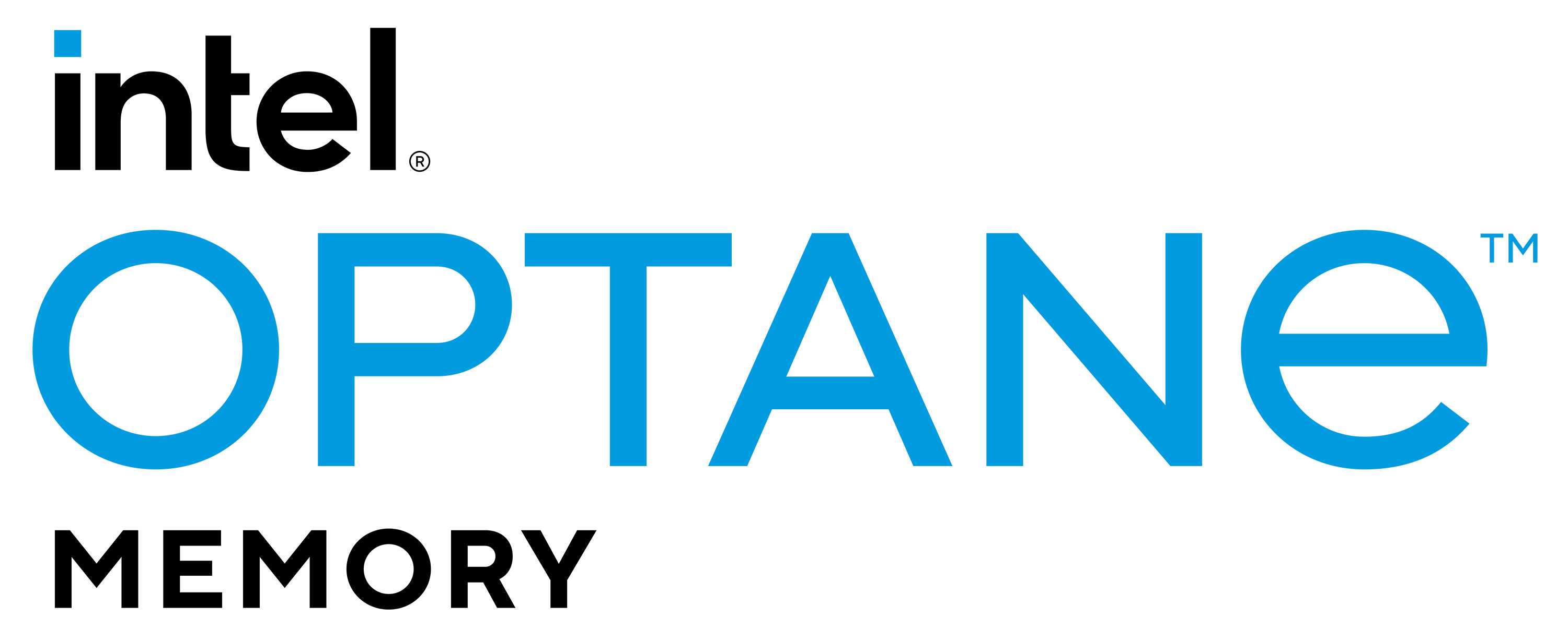 Logotipo Intel Optane Memory sobre fondo blanco. Texto azul.