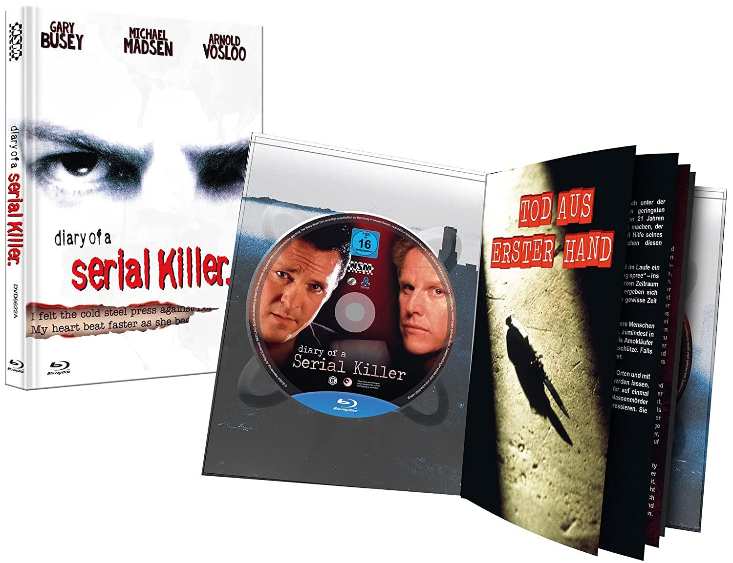 DVD-Hülle für 'Diary of a Serial Killer' mit Buch, Disc und offenen Seiten.